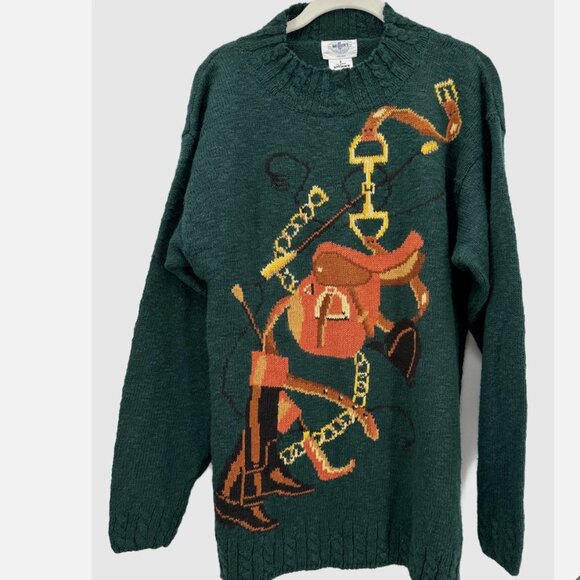 SPORTIFIC MILLER'S COLLECTION Hunter Green COTTON RAMIE EQUESTRIAN SWEATER S NWT - Picture 1 of 9